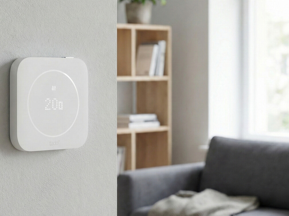 tado° Smart Thermostat X (2. generace) na stěně v obývacím pokoji